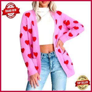 Long Sleeve Heart Knit Cardigan Open Front Loose Fit Sweater Fall Spring